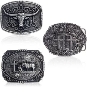 3 Pcs Western Rodeo Belt Buckle for Men Women Cowboy Cowgirl Cross Vintage Religion Longhorn Kneeling Prayer Horse Bull