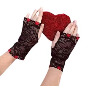 Queen of Hearts black lace fingerless gloves