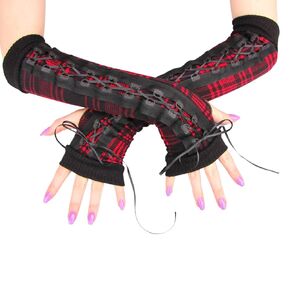 Red Plaid Corset Gloves with lace up front arm warmers plus sizes adult sizes (X-Large)