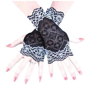 Tuxedo White Black Lace Fingerless Gloves worn by Jenna Ortega