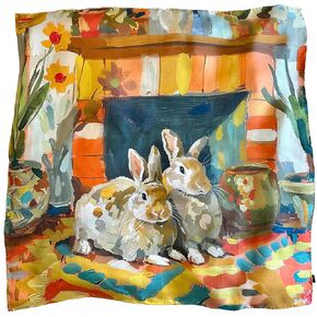 100% Silk Square Scarf - Rabbit 27x27"/70x70cm, Mulberry Twill Silk Bandana with Hand-rolled Edges, Oil Painting Bunny, Gift for her and him