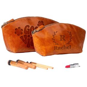 Luxury Personalized Leather Makeup Bags Crafted in USA, Full-Grain Leather Cosmetic Bag Engraved Name Initials or Logo, Birthday Anniversary Christmas Gift or Mother Gift, Italian Zipper, Make-up Purse for Women