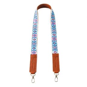 Woven Bag Strap - Blue & Pink with Tan Leather, Purse Strap Replacement Crossbody, Handbag Wide Shoulder Strap, Handmade Embroidered Crossbody Strap, Camera Strap, Luggage Strap