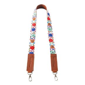Woven Bag Strap - Flowers Bright with Tan Leather, Purse Strap Replacement Crossbody, Handbag Wide Shoulder Strap, Handmade Embroidered Crossbody Strap, Camera Strap, Luggage Strap