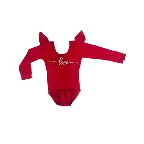 Girls Red Leotard with Flutter Short Sleeve or Flutter Long Sleeve, and Love White Glitter vinyl Design for dance, gymnastics, costume or play, gift, Bodysuit, love (Flutter Long Sleeve Leotard with Snaps, Red, 6-7)