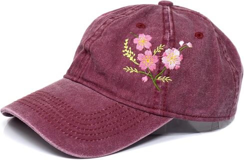 Cherry Blossom Flower Embroidered Wash Cotton Baseball Cap Curve Brim Sakura Hat (Beige) in Saudi Arabia