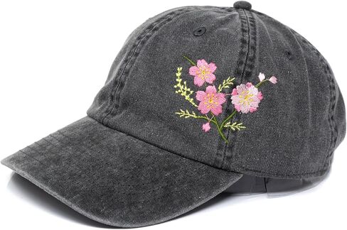 Cherry Blossom Flower Embroidered Wash Cotton Baseball Cap Curve Brim Sakura Hat (Beige) in Saudi Arabia
