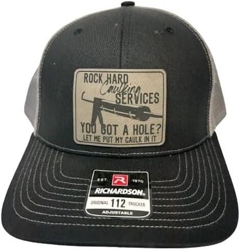Rock Harding Caulking Services Leather Trucker Snapback Hat - 112 Trucker Hat - قبعات سائق شاحنة غير لائقة - هدايا عيد ميلاد للرجال - هدايا ذوي الياقات الزرقاء المضحكة للرجال (أسود) in Kuwait