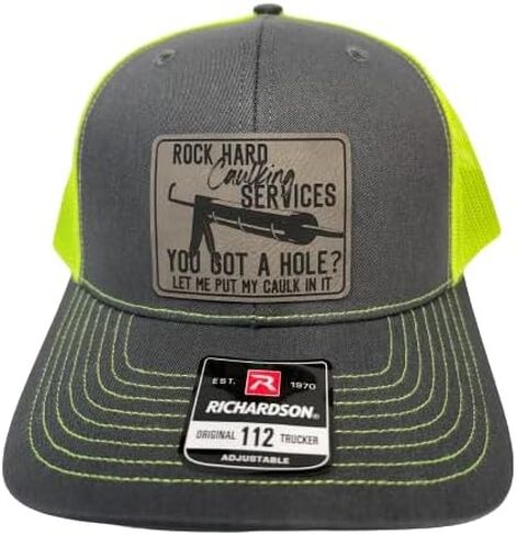 Rock Harding Caulking Services Leather Trucker Snapback Hat - 112 Trucker Hat - قبعات سائق شاحنة غير لائقة - هدايا عيد ميلاد للرجال - هدايا ذوي الياقات الزرقاء المضحكة للرجال (أسود) in Kuwait
