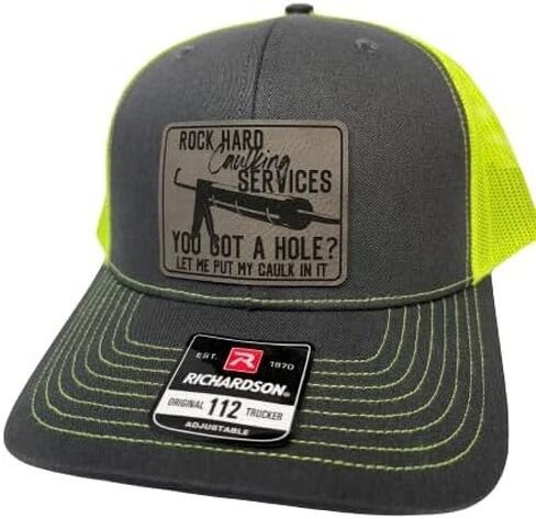 Rock Harding Caulking Services Leather Trucker Snapback Hat - 112 Trucker Hat - قبعات سائق شاحنة غير لائقة - هدايا عيد ميلاد للرجال - هدايا ذوي الياقات الزرقاء المضحكة للرجال (أسود) in Kuwait
