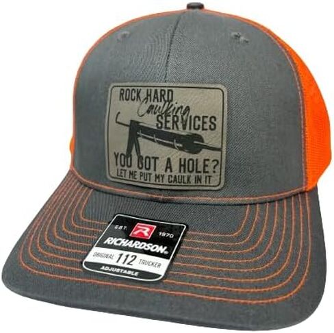 Rock Harding Caulking Services Leather Trucker Snapback Hat - 112 Trucker Hat - قبعات سائق شاحنة غير لائقة - هدايا عيد ميلاد للرجال - هدايا ذوي الياقات الزرقاء المضحكة للرجال (أسود) in Kuwait