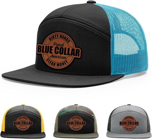 Dirty Hands Blue Collar Proud American Clean Money Hat, 168 Style Trucker Leather Patch Hat for Men & Women, 7 Panel Baseball Cap with Snapback Enclosure in Kuwait