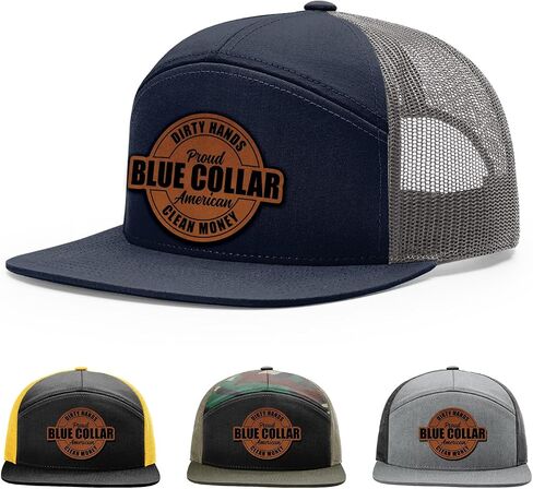 Dirty Hands Blue Collar Proud American Clean Money Hat, 168 Style Trucker Leather Patch Hat for Men & Women, 7 Panel Baseball Cap with Snapback Enclosure in Kuwait