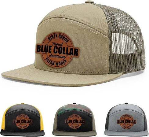 Dirty Hands Blue Collar Proud American Clean Money Hat, 168 Style Trucker Leather Patch Hat for Men & Women, 7 Panel Baseball Cap with Snapback Enclosure in Kuwait