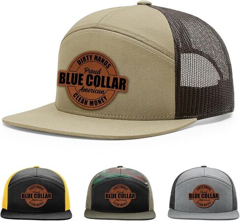 Dirty Hands Blue Collar Proud American Clean Money Hat, 168 Style Trucker Leather Patch Hat for Men & Women, 7 Panel Baseball Cap with Snapback Enclosure in Kuwait
