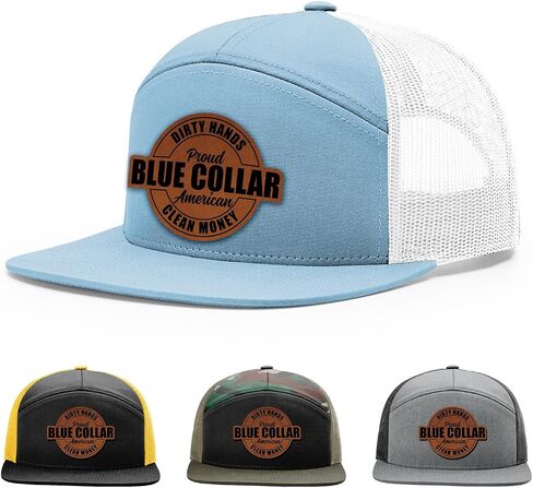 Dirty Hands Blue Collar Proud American Clean Money Hat, 168 Style Trucker Leather Patch Hat for Men & Women, 7 Panel Baseball Cap with Snapback Enclosure in Kuwait