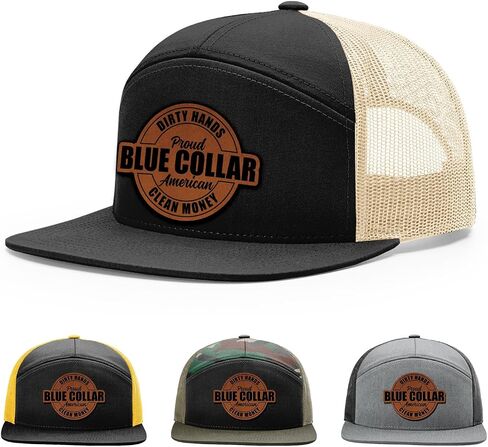 Dirty Hands Blue Collar Proud American Clean Money Hat, 168 Style Trucker Leather Patch Hat for Men & Women, 7 Panel Baseball Cap with Snapback Enclosure in Kuwait