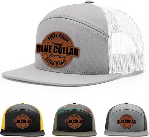 Dirty Hands Blue Collar Proud American Clean Money Hat, 168 Style Trucker Leather Patch Hat for Men & Women, 7 Panel Baseball Cap with Snapback Enclosure in Kuwait