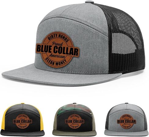 Dirty Hands Blue Collar Proud American Clean Money Hat, 168 Style Trucker Leather Patch Hat for Men & Women, 7 Panel Baseball Cap with Snapback Enclosure in Kuwait