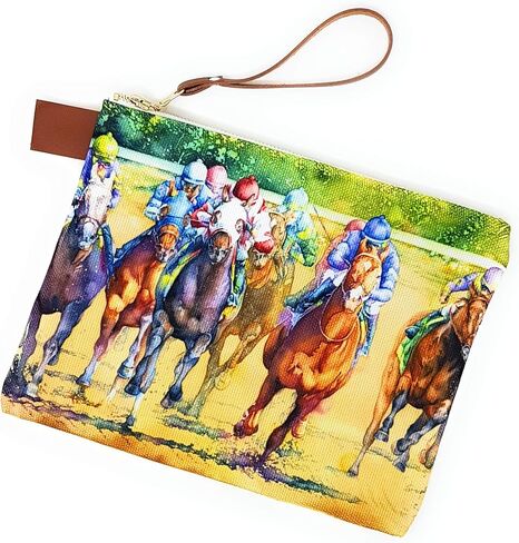 Horse Racing Zippered Women's Clutch Purse 10" Accessory bag - Canvas Handbag Denim Lining in Saudi Arabia