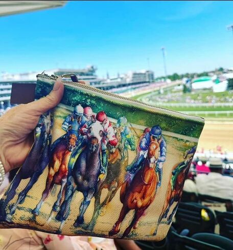 Horse Racing Zippered Women's Clutch Purse 10" Accessory bag - Canvas Handbag Denim Lining in Saudi Arabia