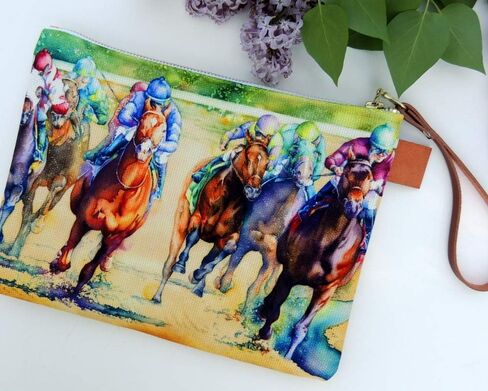 Horse Racing Zippered Women's Clutch Purse 10" Accessory bag - Canvas Handbag Denim Lining in Saudi Arabia