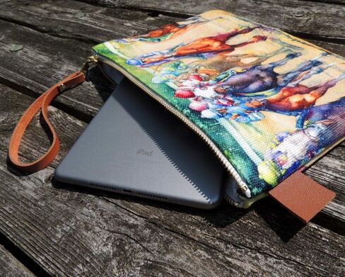 Horse Racing Zippered Women's Clutch Purse 10" Accessory bag - Canvas Handbag Denim Lining in Saudi Arabia