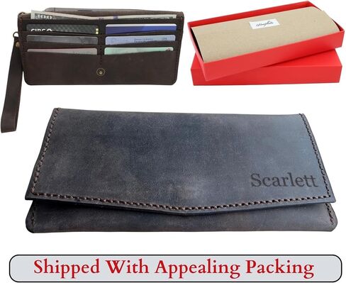 Personalized Wristlet Wallet for Women, Genuine Crazy Horse Leather 100% Hand Sewing Purse with Wrist Strap and Keychain, Multi Card Holder Cell Phone Pocket with Gift Box (Burgundy) in Saudi Arabia