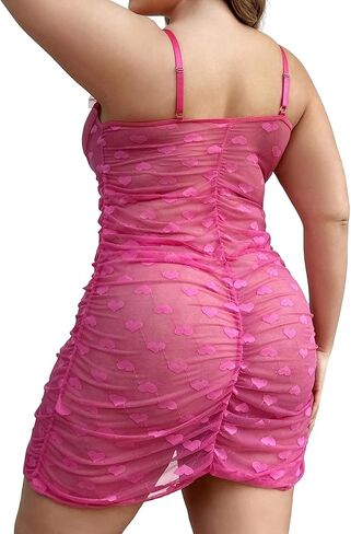 Lilosy Sexy Heart Underwire Ruched Ruffle Babydoll Chemise Nightwear Women Mesh sheer Nightgown See Through Slip NightDress Lingerie with Thong Red Medium in Saudi Arabia
