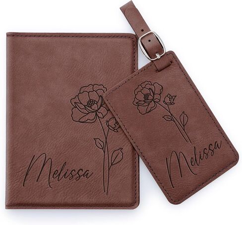 Personalized Leather Passport Cover Holder and Luggage Tag Set for Women with Flower Birth and Name, Custom Engraved Passport Cover Suitcase Tag with Name | Teal in Kuwait