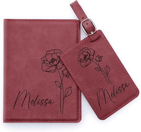 Personalized Leather Passport Cover Holder and Luggage Tag Set for Women with Flower Birth and Name, Custom Engraved Passport Cover Suitcase Tag with Name | Teal in Kuwait