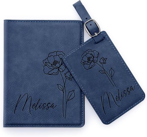Personalized Leather Passport Cover Holder and Luggage Tag Set for Women with Flower Birth and Name, Custom Engraved Passport Cover Suitcase Tag with Name | Teal in Kuwait