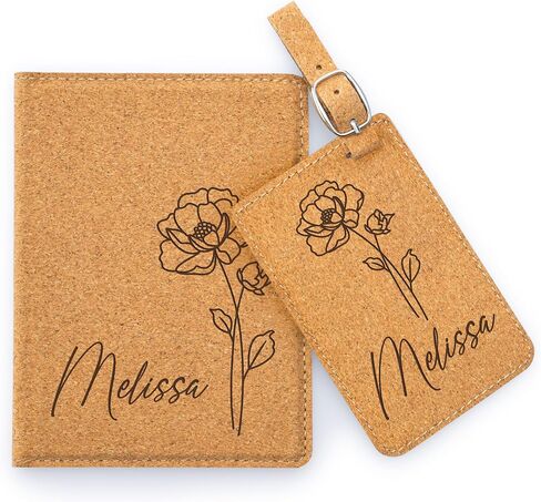 Personalized Leather Passport Cover Holder and Luggage Tag Set for Women with Flower Birth and Name, Custom Engraved Passport Cover Suitcase Tag with Name | Teal in Kuwait
