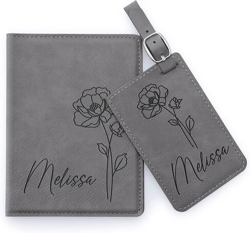 Personalized Leather Passport Cover Holder and Luggage Tag Set for Women with Flower Birth and Name, Custom Engraved Passport Cover Suitcase Tag with Name | Teal in Kuwait