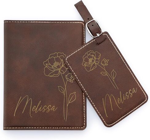Personalized Leather Passport Cover Holder and Luggage Tag Set for Women with Flower Birth and Name, Custom Engraved Passport Cover Suitcase Tag with Name | Teal in Kuwait