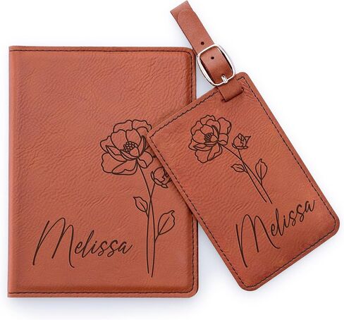 Personalized Leather Passport Cover Holder and Luggage Tag Set for Women with Flower Birth and Name, Custom Engraved Passport Cover Suitcase Tag with Name | Teal in Kuwait