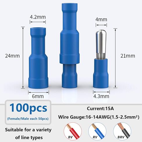 smseace 100pcs Bullet Wire connectors 22-16AWG Insulated Male and Female Bullet Connector kit Electrical Bullet Crimp Terminals Connectors in Saudi Arabia