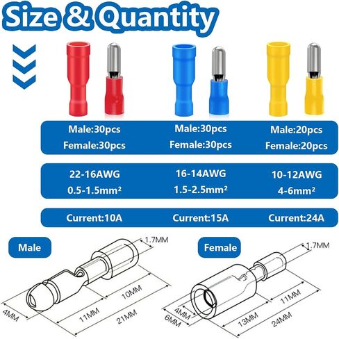 smseace 100pcs Bullet Wire connectors 22-16AWG Insulated Male and Female Bullet Connector kit Electrical Bullet Crimp Terminals Connectors in Saudi Arabia
