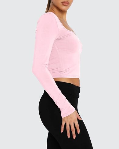 Long Sleeve Crop Top Slim Sexy Ribbed Fitted Cotton Cropped Shirts Women's Sweetheart Neck Basics for Daily Casual Wear in Saudi Arabia