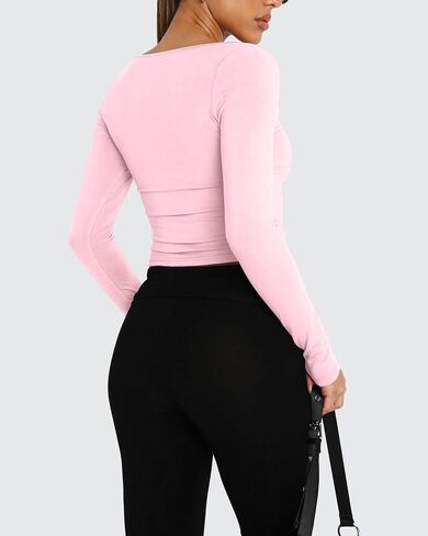 Long Sleeve Crop Top Slim Sexy Ribbed Fitted Cotton Cropped Shirts Women's Sweetheart Neck Basics for Daily Casual Wear in Saudi Arabia