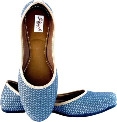 Anarkali Wave Cut Traditional Handmade Jutti for Women & Girls Embroidered Punjabi Ethnic Flat Shoes Indian Mojari Slip-On Leather Footwear for Wedding, Festive & Casual Wear (Light Blue, 6) in Saudi Arabia