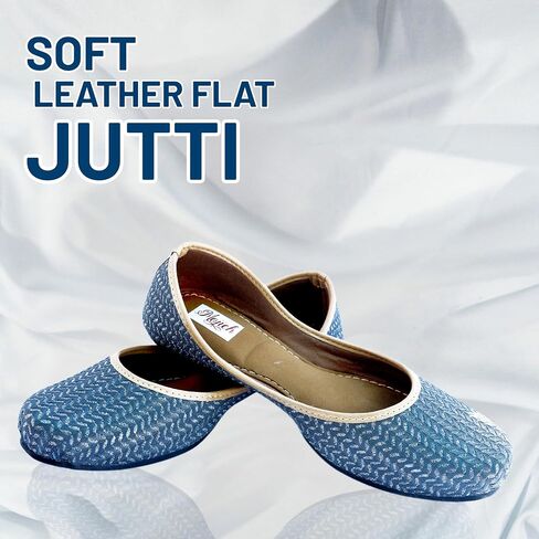 Anarkali Wave Cut Traditional Handmade Jutti for Women & Girls Embroidered Punjabi Ethnic Flat Shoes Indian Mojari Slip-On Leather Footwear for Wedding, Festive & Casual Wear (Light Blue, 6) in Saudi Arabia