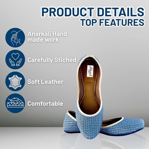 Anarkali Wave Cut Traditional Handmade Jutti for Women & Girls Embroidered Punjabi Ethnic Flat Shoes Indian Mojari Slip-On Leather Footwear for Wedding, Festive & Casual Wear (Light Blue, 6) in Saudi Arabia