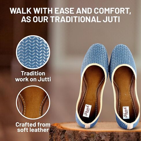 Anarkali Wave Cut Traditional Handmade Jutti for Women & Girls Embroidered Punjabi Ethnic Flat Shoes Indian Mojari Slip-On Leather Footwear for Wedding, Festive & Casual Wear (Light Blue, 6) in Saudi Arabia
