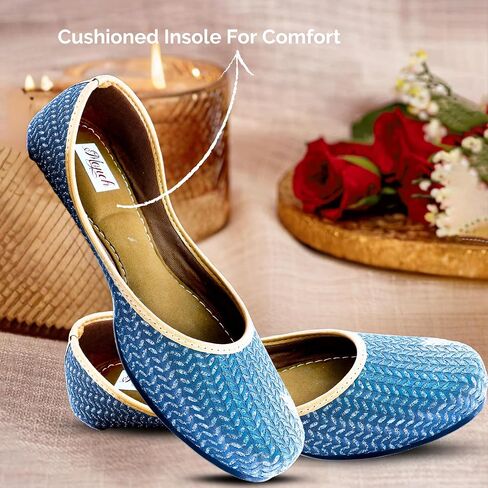 Anarkali Wave Cut Traditional Handmade Jutti for Women & Girls Embroidered Punjabi Ethnic Flat Shoes Indian Mojari Slip-On Leather Footwear for Wedding, Festive & Casual Wear (Light Blue, 6) in Saudi Arabia