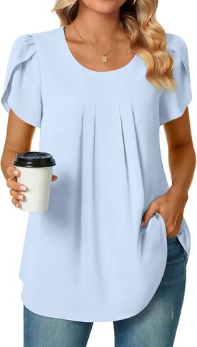 Bestbee Womens Dressy Chiffon Blouses Plus Size Crew Neck Petal Short Sleeve Shirts 2024 Summer Tops Pleated Tunic Casual T-Shirts, 3XL, White in Kuwait