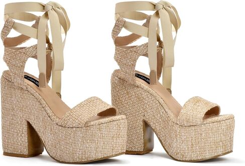 Alondra embroidered platform sandal for women with lace-up front closure. Colors: Floral Pink, Floral Blue and Natural (Natural, 7) in Saudi Arabia