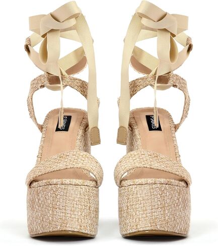 Alondra embroidered platform sandal for women with lace-up front closure. Colors: Floral Pink, Floral Blue and Natural (Natural, 7) in Saudi Arabia