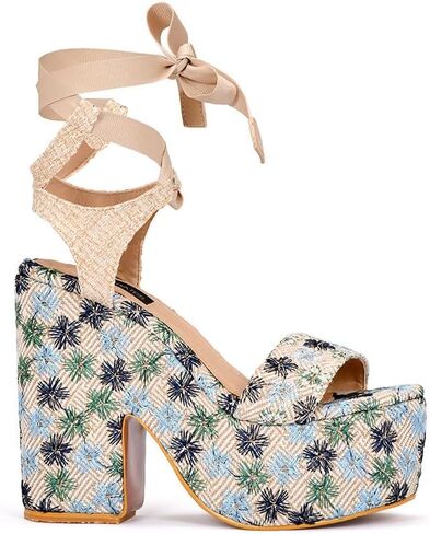 Alondra embroidered platform sandal for women with lace-up front closure. Colors: Floral Pink, Floral Blue and Natural (Natural, 7) in Saudi Arabia