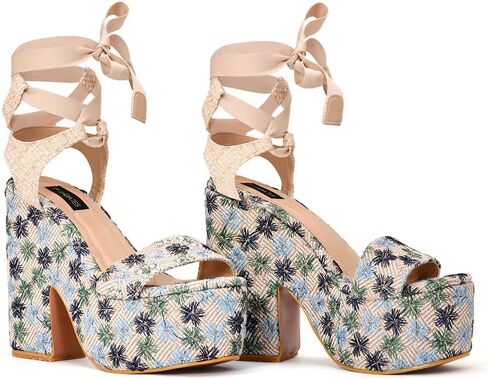 Alondra embroidered platform sandal for women with lace-up front closure. Colors: Floral Pink, Floral Blue and Natural (Natural, 7) in Saudi Arabia